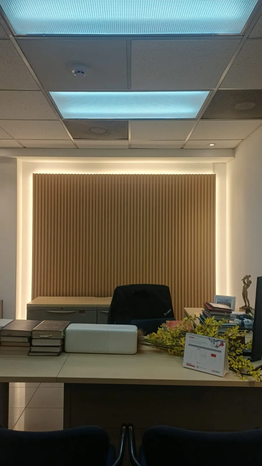 Oficina ejecutiva con panel de listones retroiluminado | Muebles y Diseños El Salvador